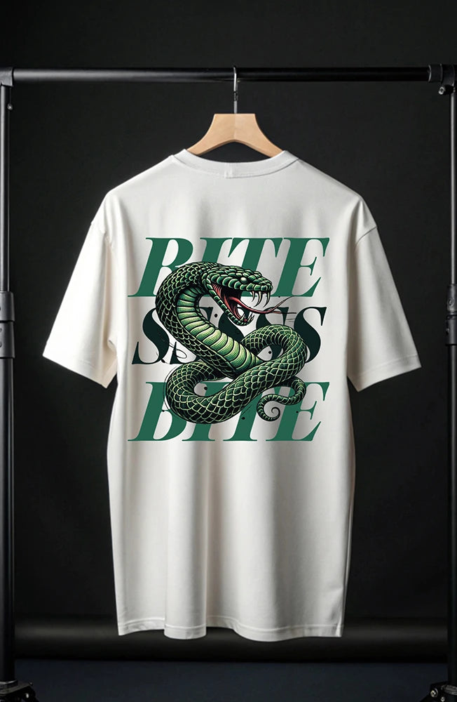 Bite Oversized T-Shirt – 220 GSM Cotton, Bold Snake Back Print, White Streetwear Tee, Relaxed Unisex Fit, Fade-Resistant Design, Urban Fashion Statement