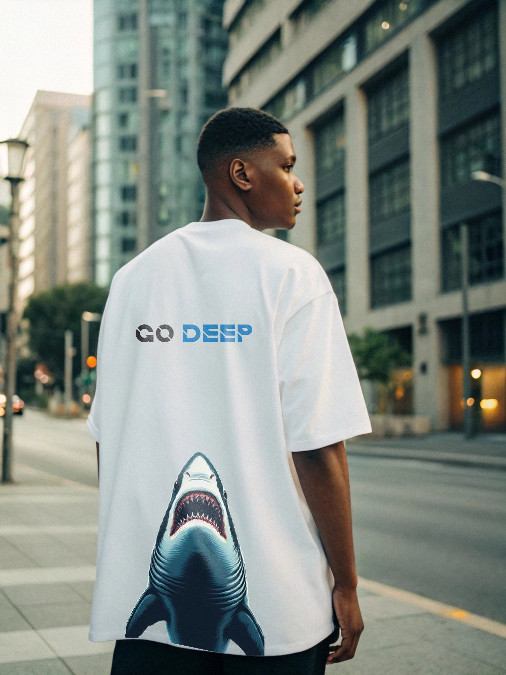 Go Deep Oversized T-Shirt – Heavyweight 250 GSM Cotton, Minimalist Front Print, Bold Shark Graphic Back, Streetwear Style, Unisex Relaxed Fit