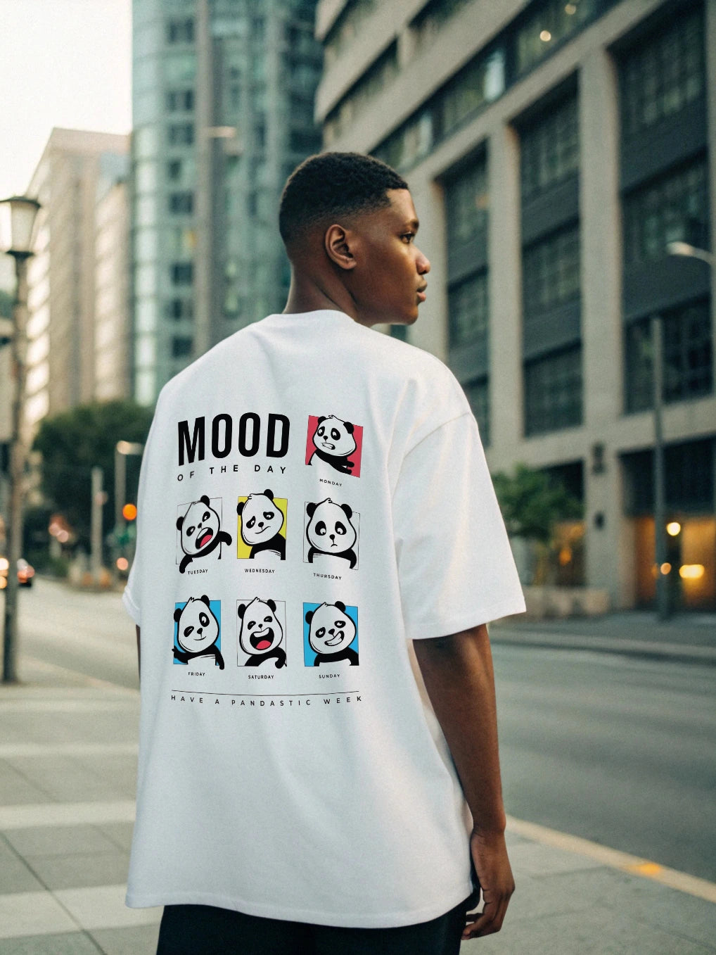 Mood Oversized T-Shirt – 250 GSM Cotton, Seven Panda Expressions Back Print, Minimalist Front Text, Unisex Streetwear, Relaxed Fit, Fade-Resistant Design