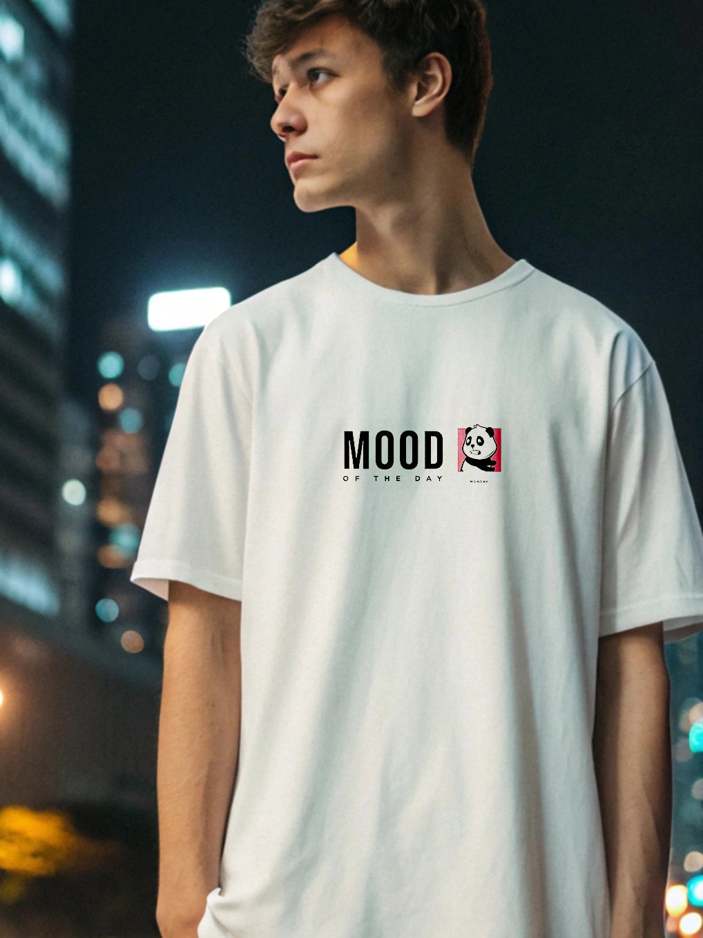 Mood Oversized T-Shirt – 250 GSM Cotton, Seven Panda Expressions Back Print, Minimalist Front Text, Unisex Streetwear, Relaxed Fit, Fade-Resistant Design