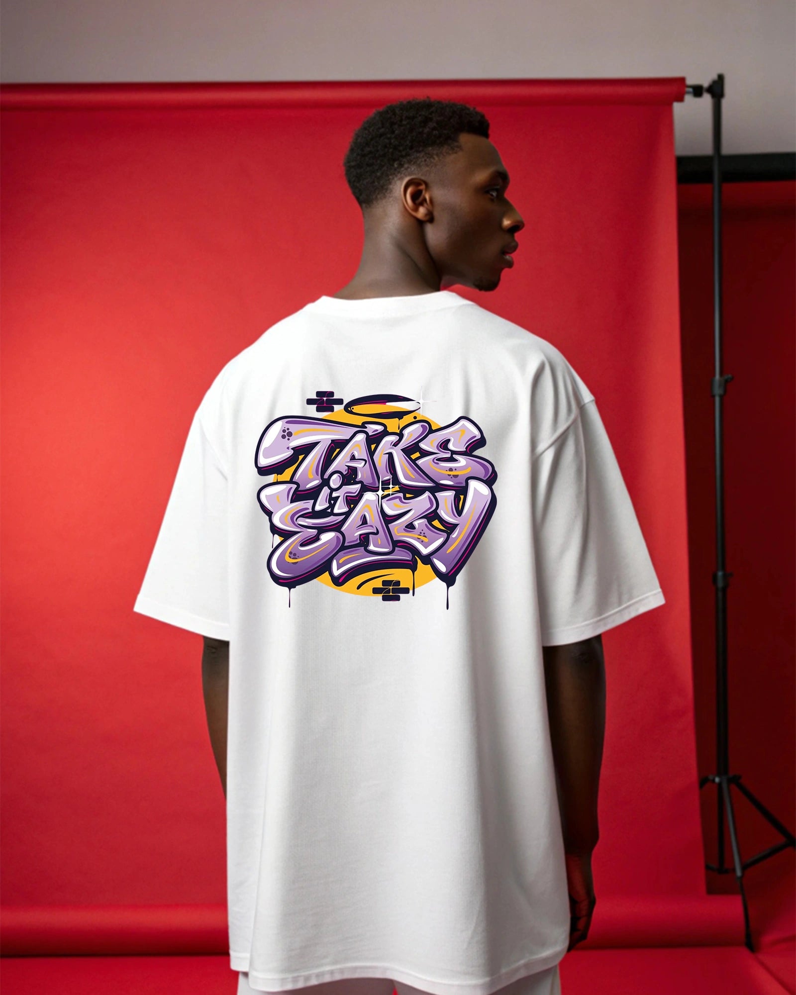 Take Eazy Oversized T-Shirt – 220 GSM Cotton, Bold Funky Text Print, White Streetwear Tee, Relaxed Unisex Fit, Fade-Resistant Design, Casual Urban Fashion