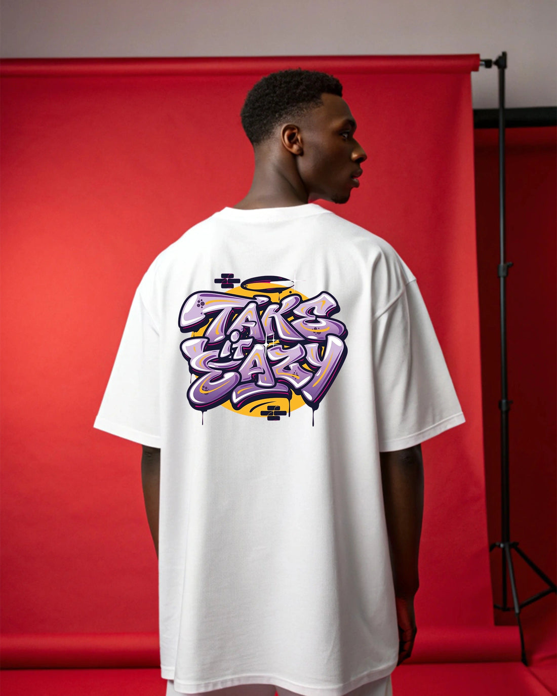 Take Eazy Oversized T-Shirt – 220 GSM Cotton, Bold Funky Text Print, White Streetwear Tee, Relaxed Unisex Fit, Fade-Resistant Design, Casual Urban Fashion
