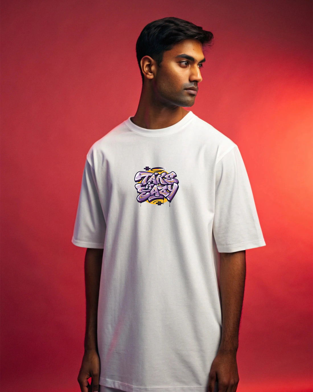 Take Eazy Oversized T-Shirt – 220 GSM Cotton, Bold Funky Text Print, White Streetwear Tee, Relaxed Unisex Fit, Fade-Resistant Design, Casual Urban Fashion