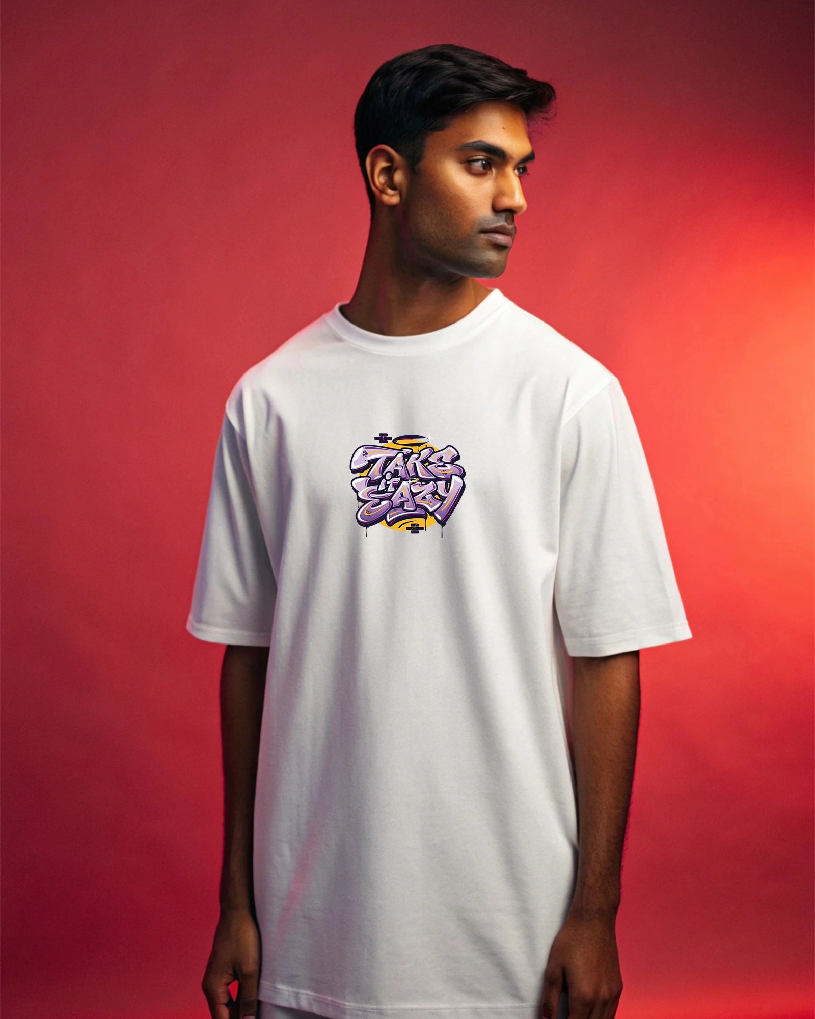 Take Eazy Oversized T-Shirt – 220 GSM Cotton, Bold Funky Text Print, White Streetwear Tee, Relaxed Unisex Fit, Fade-Resistant Design, Casual Urban Fashion