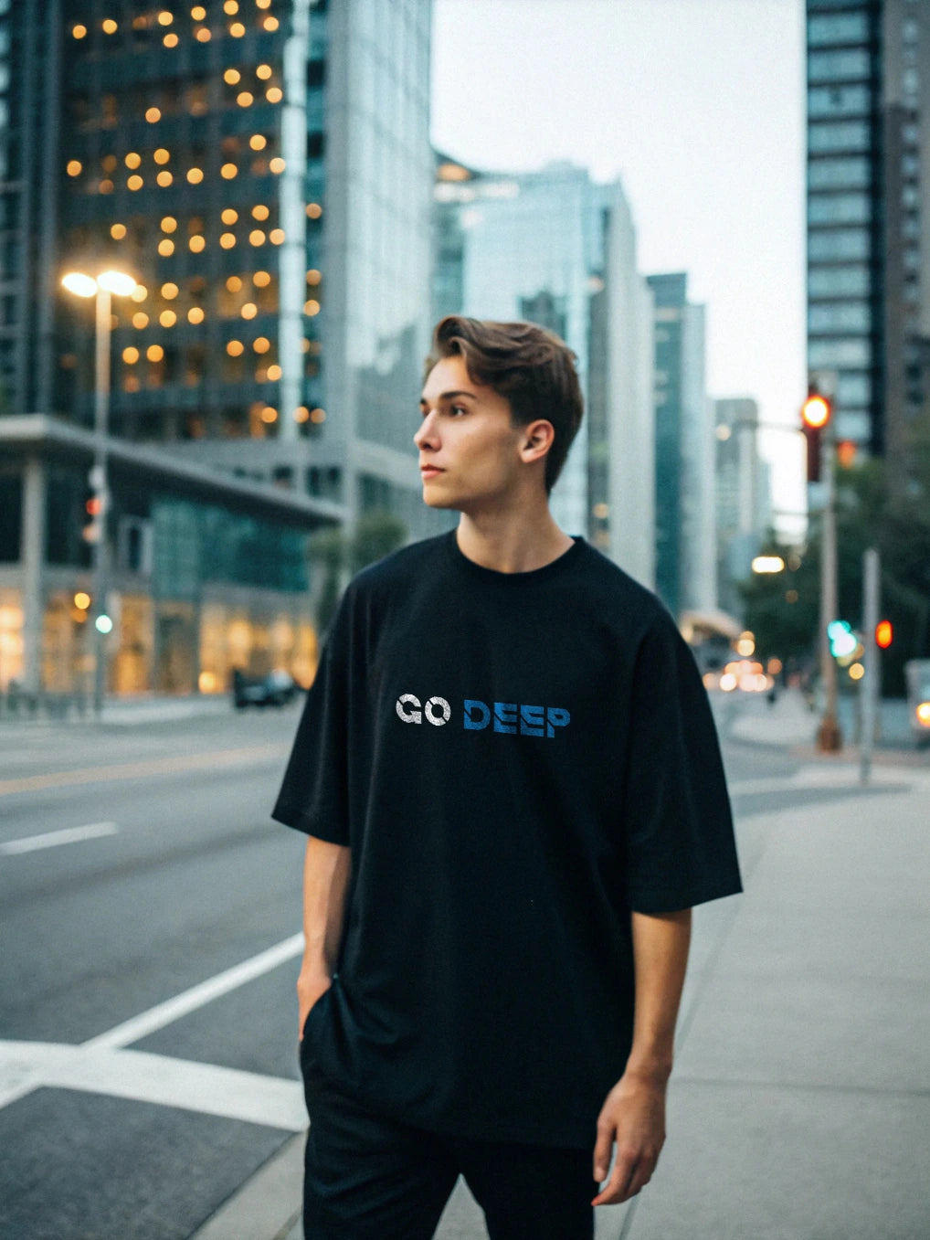 Go Deep Oversized T-Shirt – Heavyweight 250 GSM Cotton, Minimalist Front Print, Bold Shark Graphic Back, Streetwear Style, Unisex Relaxed Fit