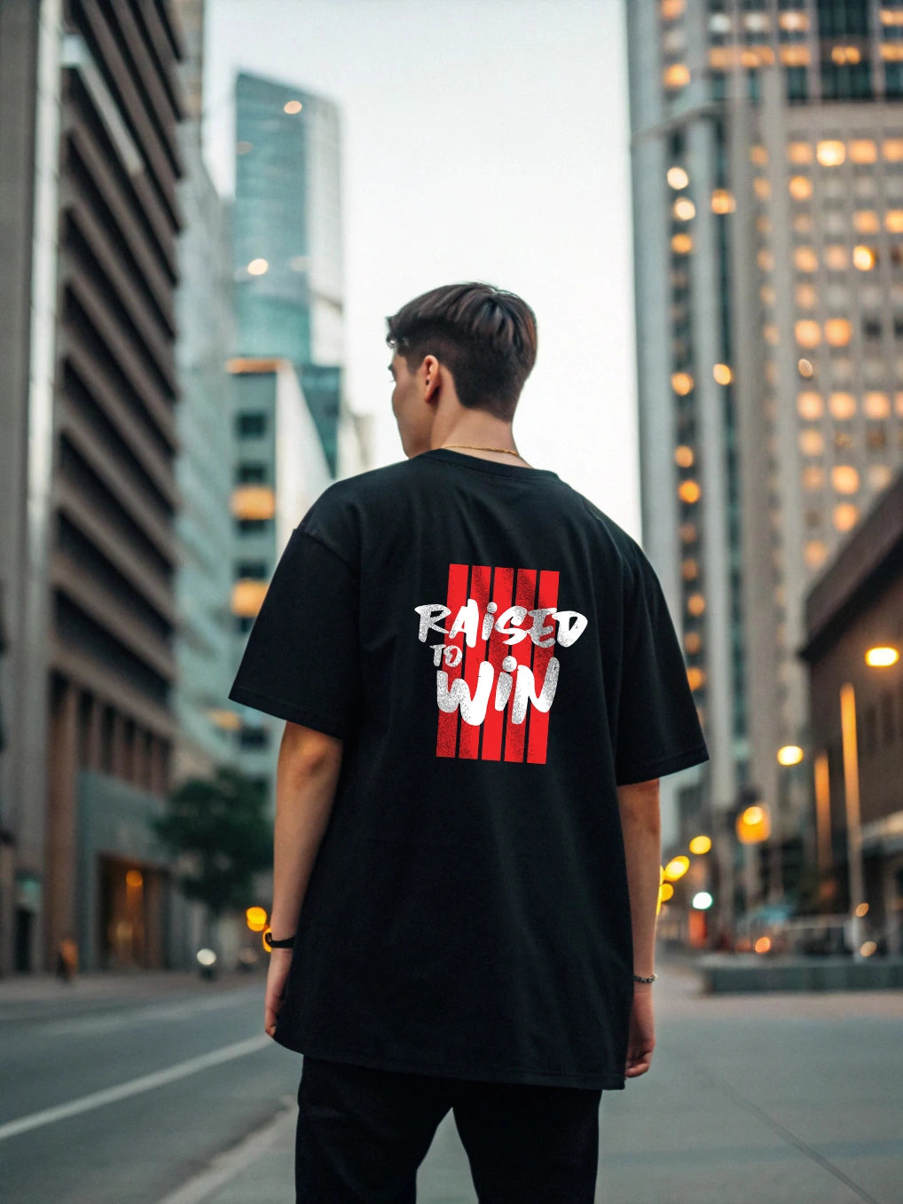 Raised to Win Oversized T-Shirt – 250 GSM Cotton, Minimalist Front Print, Bold Back Graphic, Unisex Streetwear, Relaxed Fit, Fade-Resistant Design Black oversized T-shirts 