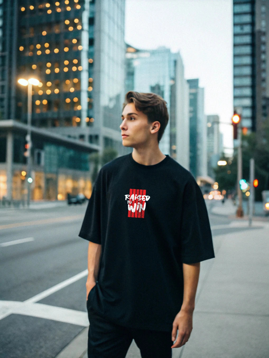 Raised to Win Oversized T-Shirt – 250 GSM Cotton, Minimalist Front Print, Bold Back Graphic, Unisex Streetwear, Relaxed Fit, Fade-Resistant Design Black oversized T-shirts 