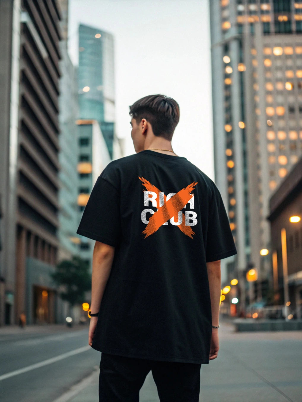Rich Club Oversized T-Shirt – 250 GSM Cotton, Crossed-Out Back Print, Minimalist Front Icon, Unisex Streetwear, Relaxed Fit, Fade-Resistant Design