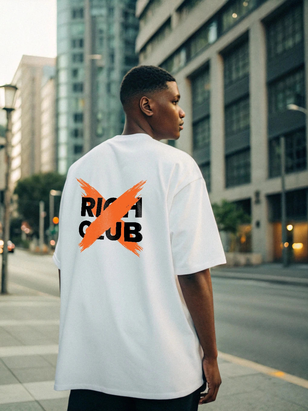 Rich Club Oversized T-Shirt – 250 GSM Cotton, Crossed-Out Back Print, Minimalist Front Icon, Unisex Streetwear, Relaxed Fit, Fade-Resistant Design