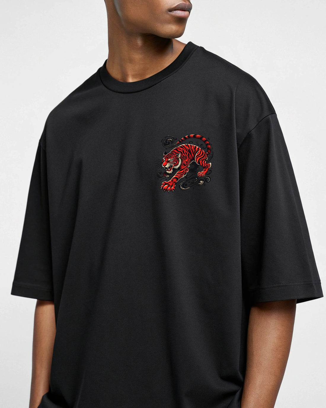 Tiger Oversized T-Shirt – 220 GSM Cotton, Bold Full-Tiger Graphic, 'On Tip Toes' Text, Black & White Streetwear Tee, Relaxed Unisex Fit, Fade-Resistant Design